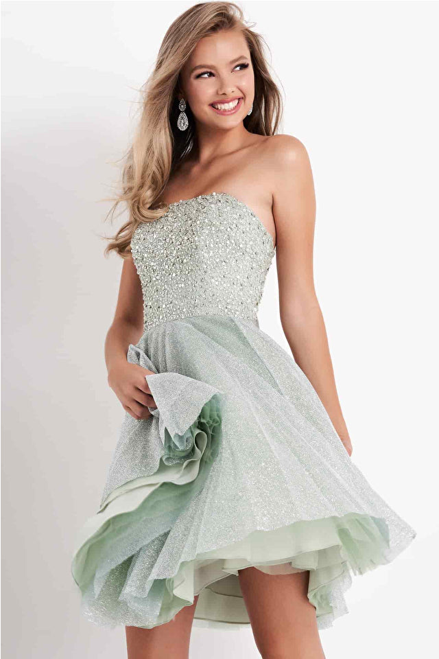 Jovani K04445 Mint Strapless Embellished Short Party Dress – A glamorous dress featuring a fully embellished bodice, strapless neckline, and A-line skirt, perfect for evening events and parties.