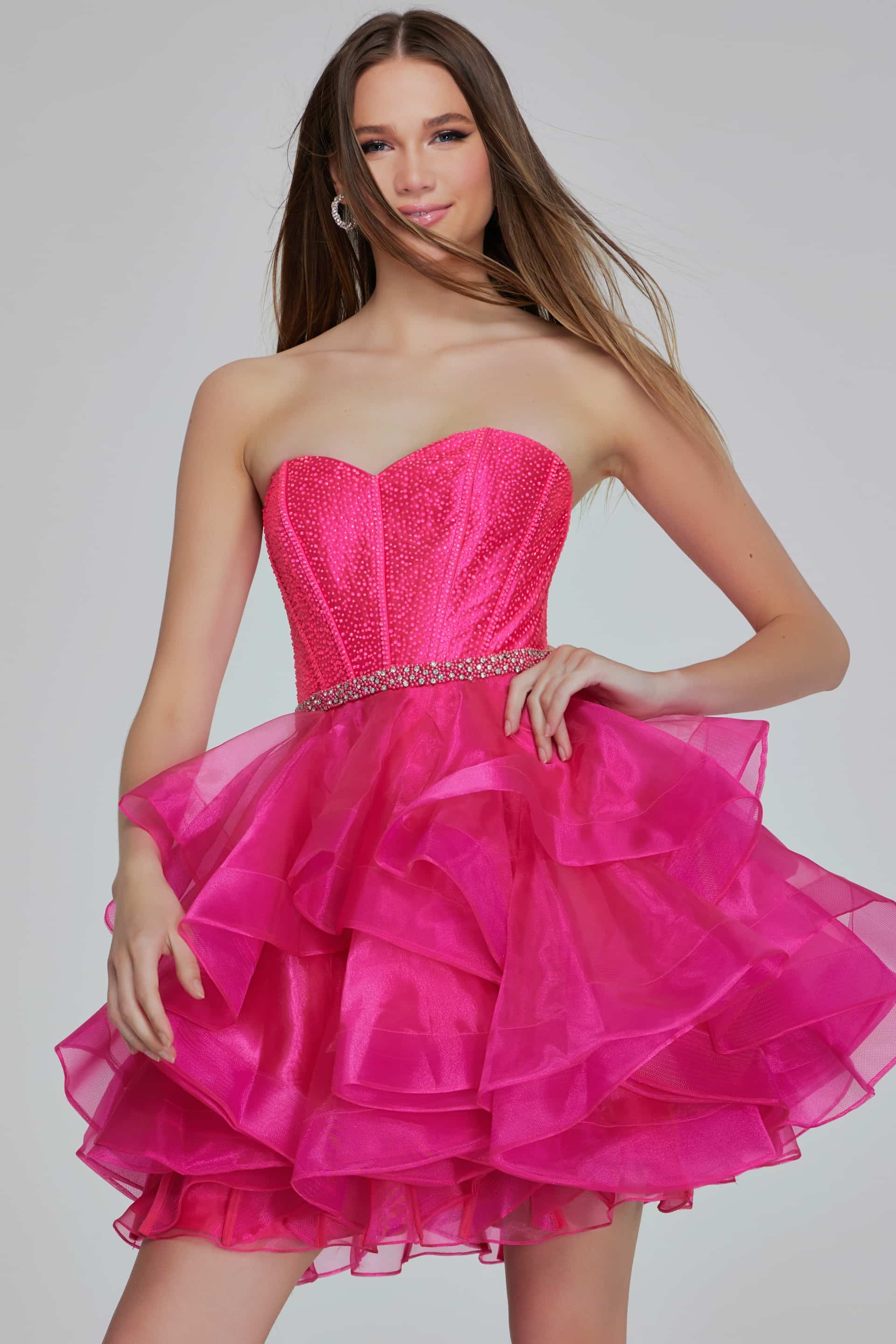 Jovani K39311 Hot Pink Strapless Ruffle Mini Dress with Embellished Bodice.