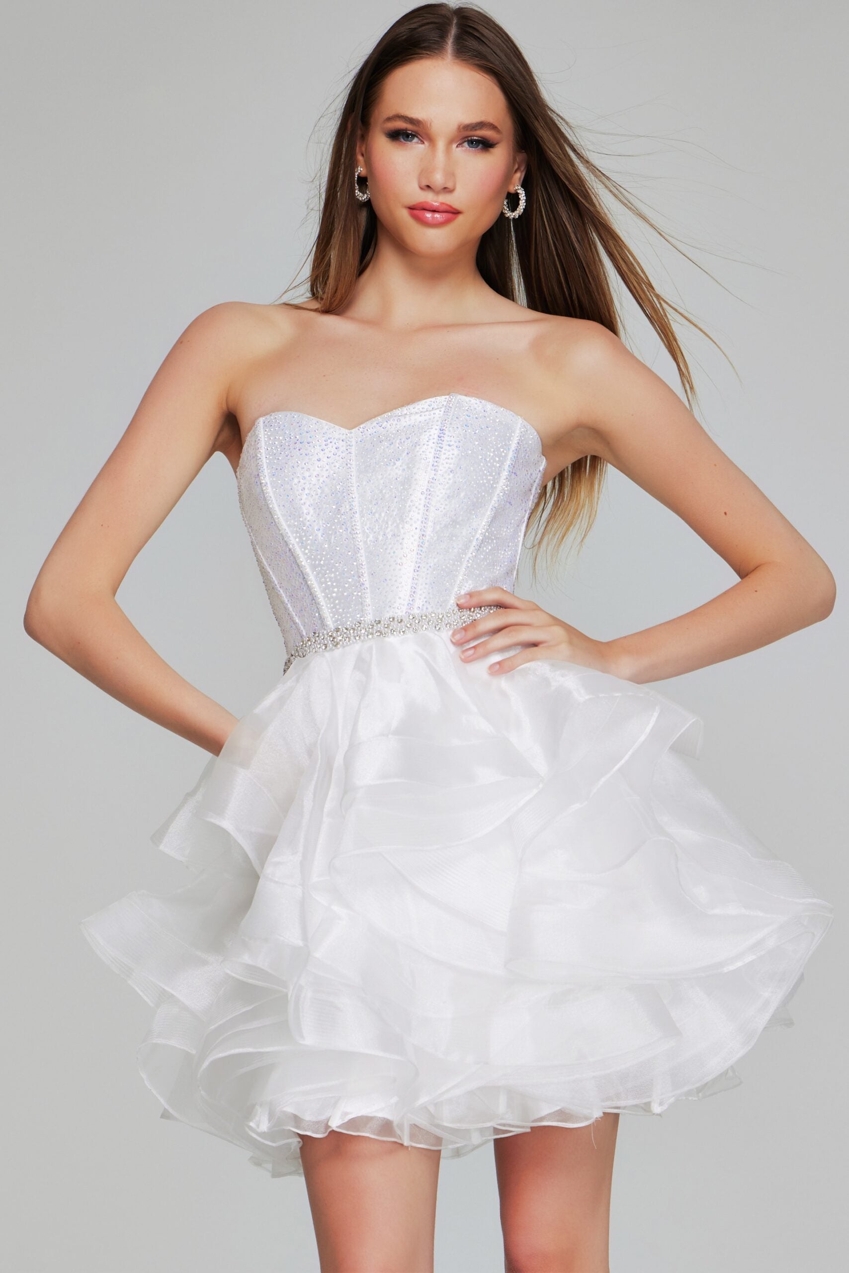 Jovani K39311 Off-White Strapless Ruffle Mini Dress Featuring a Sweetheart Neckline and Voluminous Skirt.