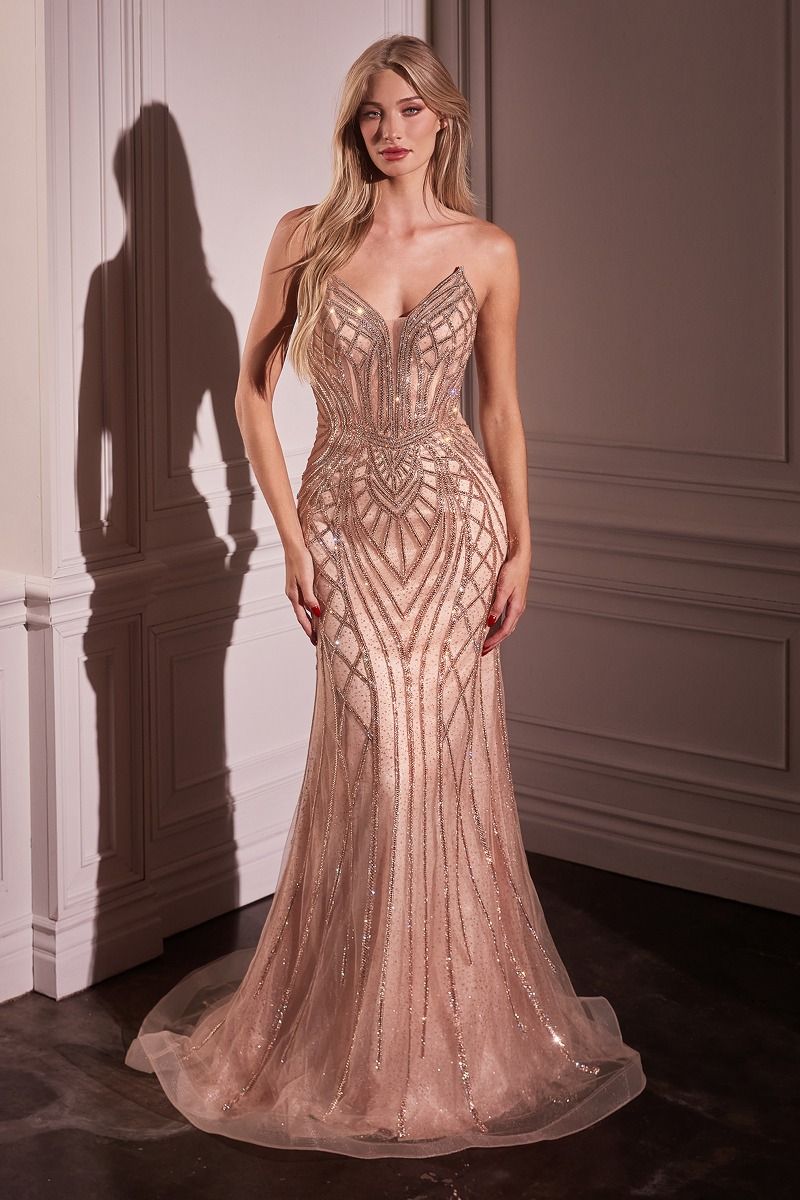 Ladivine cc6018 glitter tulle evening gown.  Model is wearing Rose Gold.