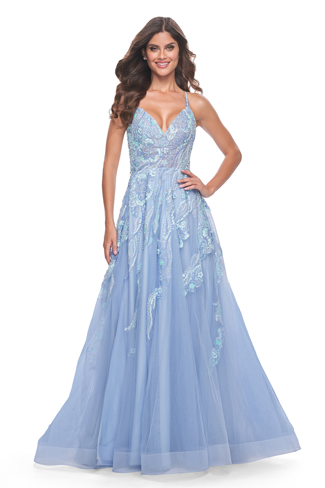 La Femme 32032 Enchanting A-Line Prom Gown - A captivating gown featuring a unique sequin beaded applique, A-line silhouette, V-shaped neckline, and adjustable lace-up back. Ideal for prom night. Model is wearing the dress in cloud blue.