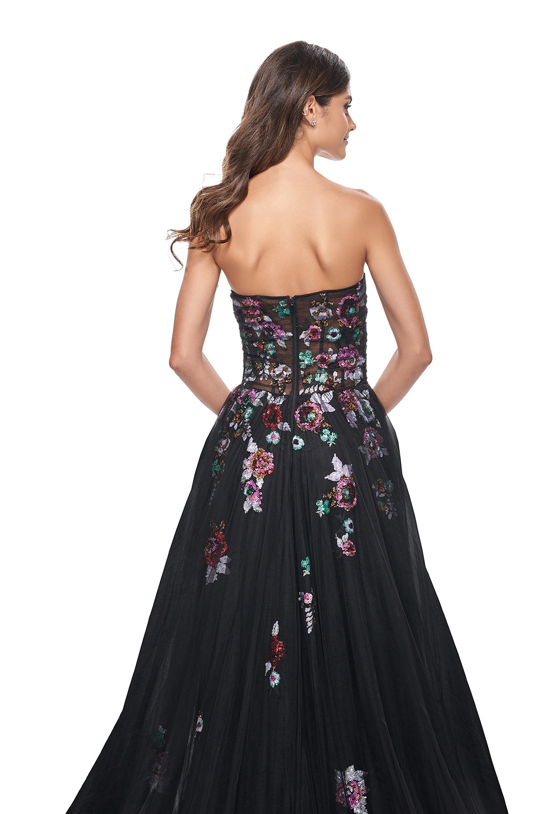 La Femme 32072 Strapless Multi-Color Lace Evening Gown - A stunning A-line gown with multi-color lace floral embellishment, a layer of tulle over the print, and an illusion bodice with exposed boning for a vibrant and stylish look.