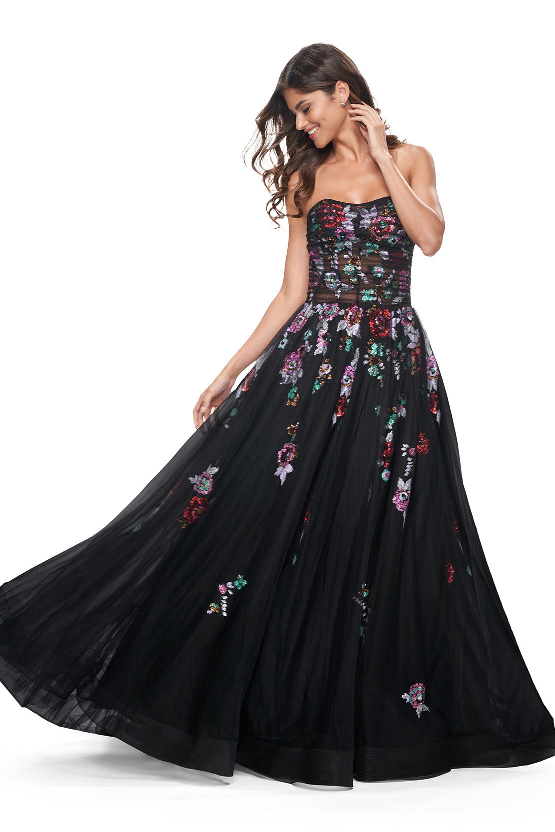 La Femme 32072 Strapless Multi-Color Lace Evening Gown - A stunning A-line gown with multi-color lace floral embellishment, a layer of tulle over the print, and an illusion bodice with exposed boning for a vibrant and stylish look.