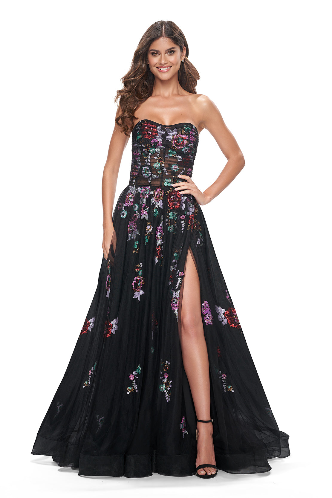 La Femme 32072 Strapless Multi-Color Lace Evening Gown - A stunning A-line gown with multi-color lace floral embellishment, a layer of tulle over the print, and an illusion bodice with exposed boning for a vibrant and stylish look.