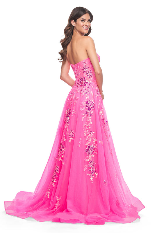 La Femme 32137 Sequin Floral Applique Tulle A-Line Gown - An enchanting A-line gown with sequin floral applique embellished tulle, a strapless top, and exposed boning detail on the bodice for a romantic and alluring look.