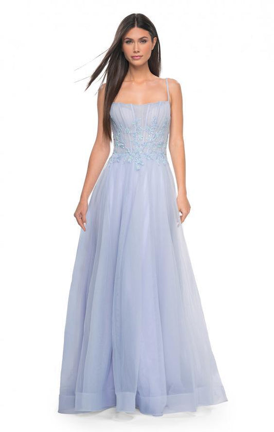 La Femme 32293 - A graceful A-line tulle prom gown featuring a high slit, square neckline, and beaded lace applique for an enchanting look.  The model is wearing the dress in light periwinkle.