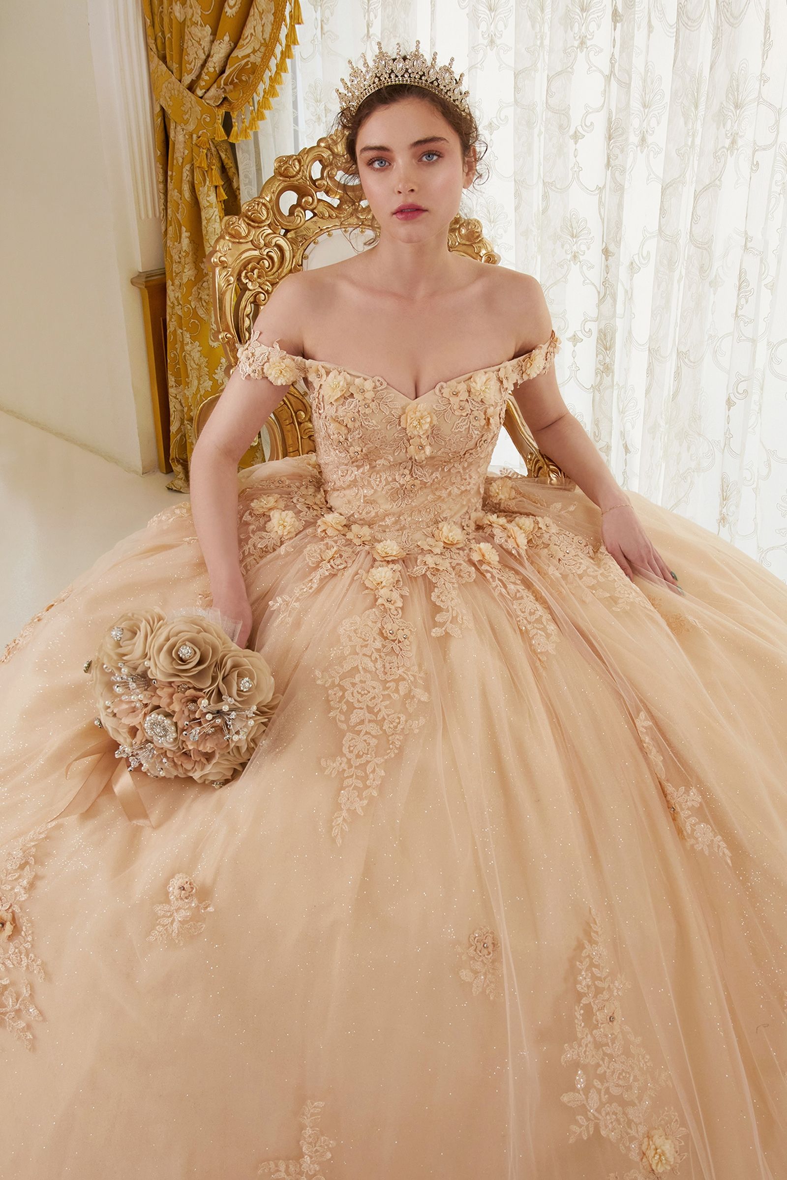 champagne quince dress Dama Dresses for Quinceanera in Cute Outfit-New Colle It boasts a lace Flower Quince Dresses Champagne Champagne