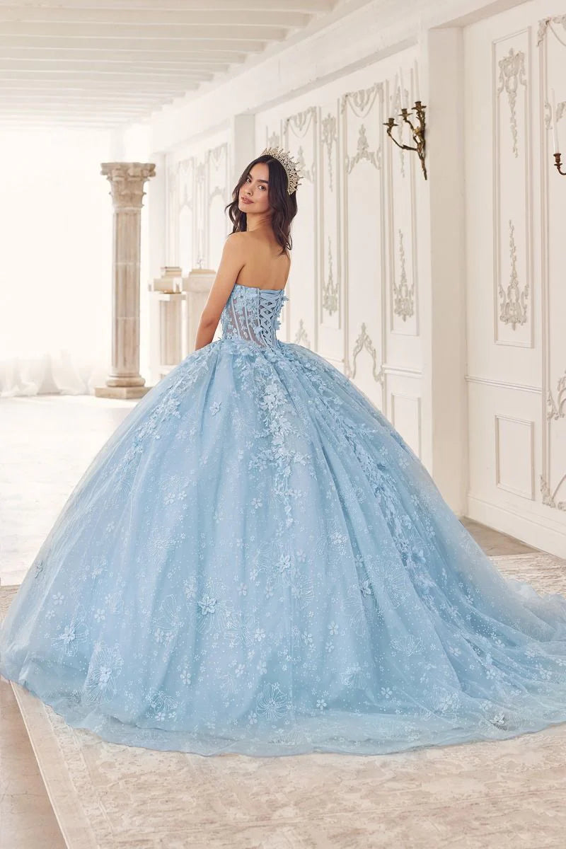 Ladivine 15719 Floral Lace Applique Quinceanera Dress - Featuring a bodice with floral lace applique, a removable tulle cape, and a full tulle skirt with floral details, perfect for a quinceanera.