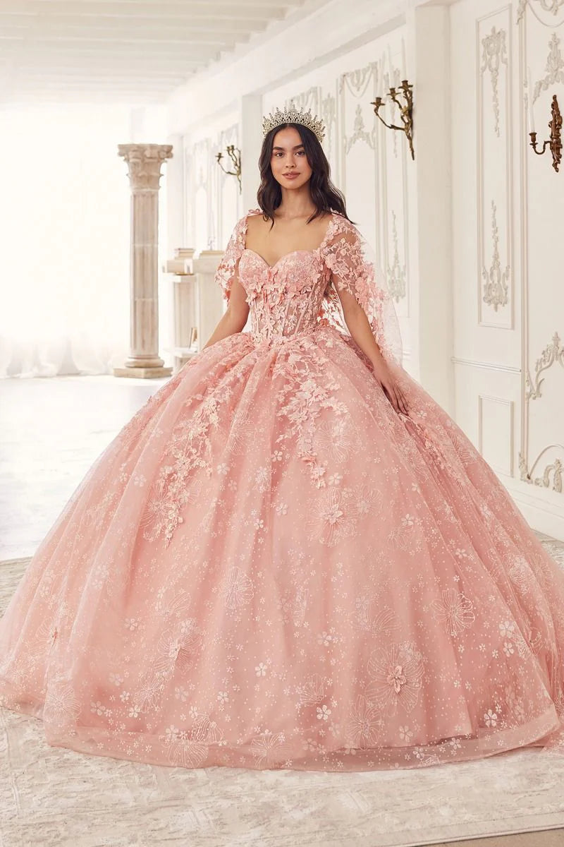 Ladivine 15719 Floral Lace Applique Quinceanera Dress - Featuring a bodice with floral lace applique, a removable tulle cape, and a full tulle skirt with floral details, perfect for a quinceanera.