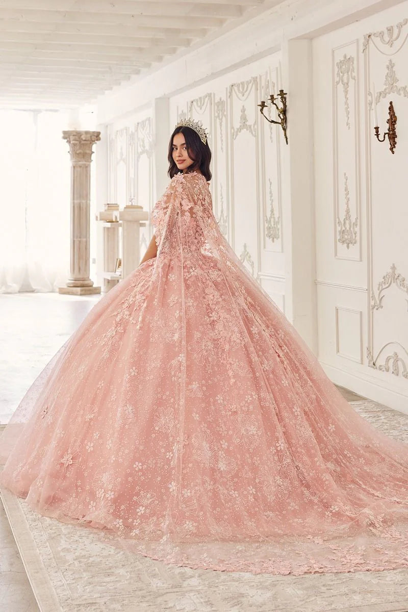 Ladivine 15719 Floral Lace Applique Quinceanera Dress - Featuring a bodice with floral lace applique, a removable tulle cape, and a full tulle skirt with floral details, perfect for a quinceanera.