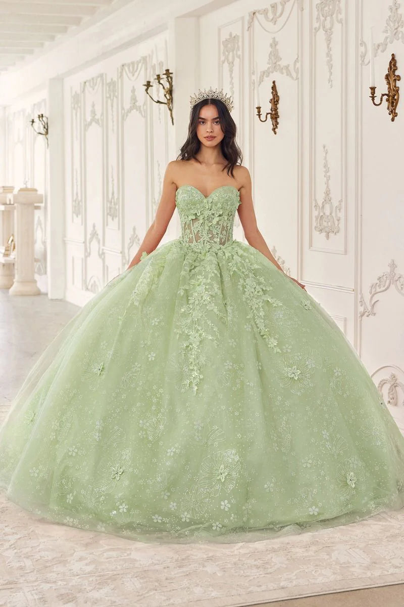 Ladivine 15719 Floral Lace Applique Quinceanera Dress - Featuring a bodice with floral lace applique, a removable tulle cape, and a full tulle skirt with floral details, perfect for a quinceanera.