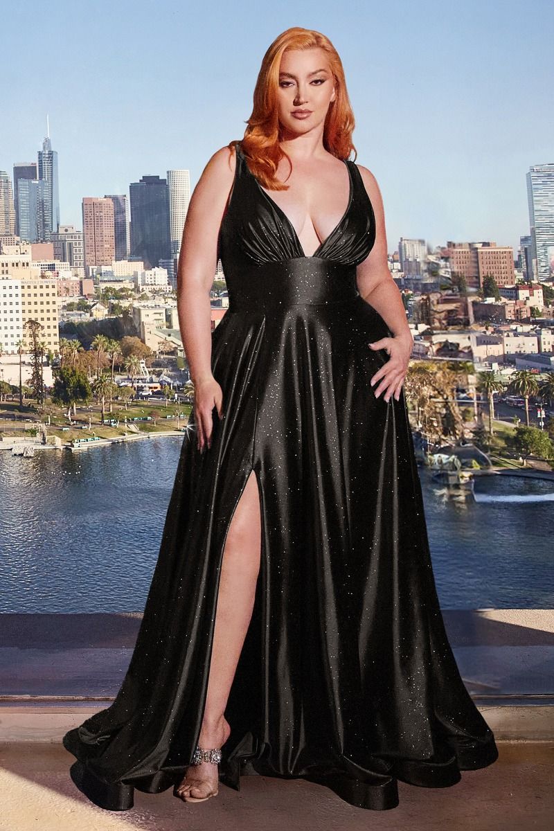 Ladivine CC2349C Glitter Stretch Satin A-Line Dress - A luxurious A-line dress with a deep V-neckline, thick shoulder straps, and a leg slit, crafted from glitter stretch satin, perfect for prom and formal evening events.