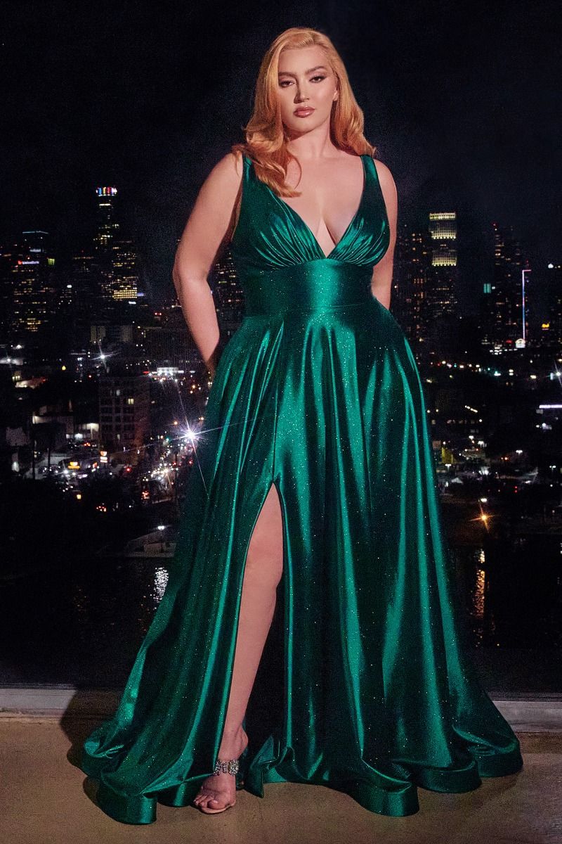 Ladivine CC2349C Glitter Stretch Satin A-Line Dress - A luxurious A-line dress with a deep V-neckline, thick shoulder straps, and a leg slit, crafted from glitter stretch satin, perfect for prom and formal evening events.