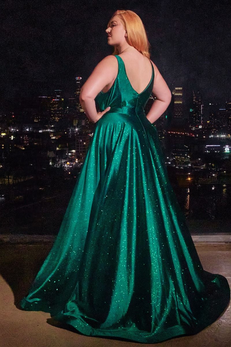 Ladivine CC2349C Glitter Stretch Satin A-Line Dress - A luxurious A-line dress with a deep V-neckline, thick shoulder straps, and a leg slit, crafted from glitter stretch satin, perfect for prom and formal evening events.