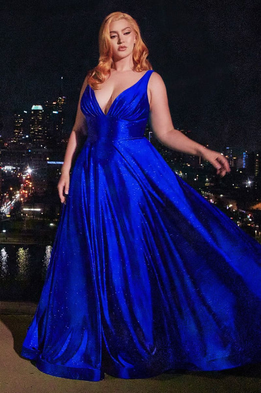 Ladivine CC2349C Glitter Stretch Satin A-Line Dress - A luxurious A-line dress with a deep V-neckline, thick shoulder straps, and a leg slit, crafted from glitter stretch satin, perfect for prom and formal evening events.
