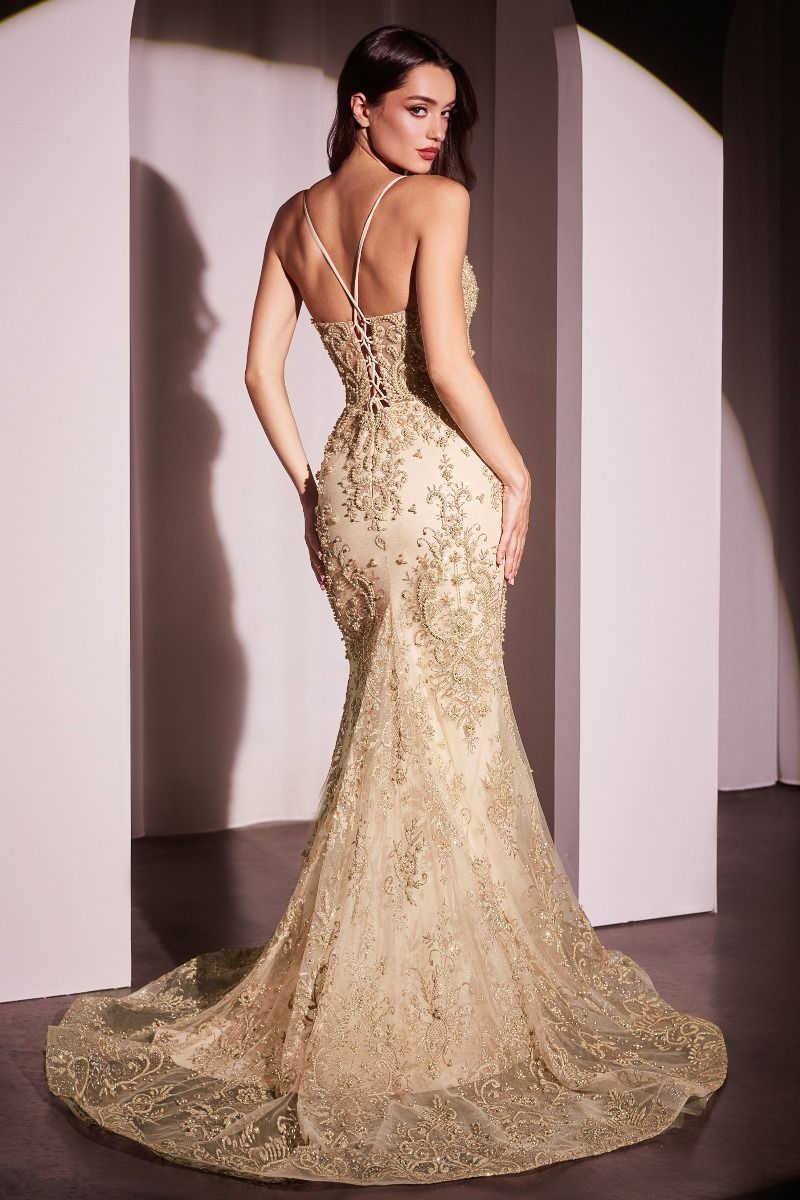 Ladivine CC2403 mermaid gown in gold with beaded lace detailing, plunging V-neckline, and thin straps, perfect for prom and formal evening events.