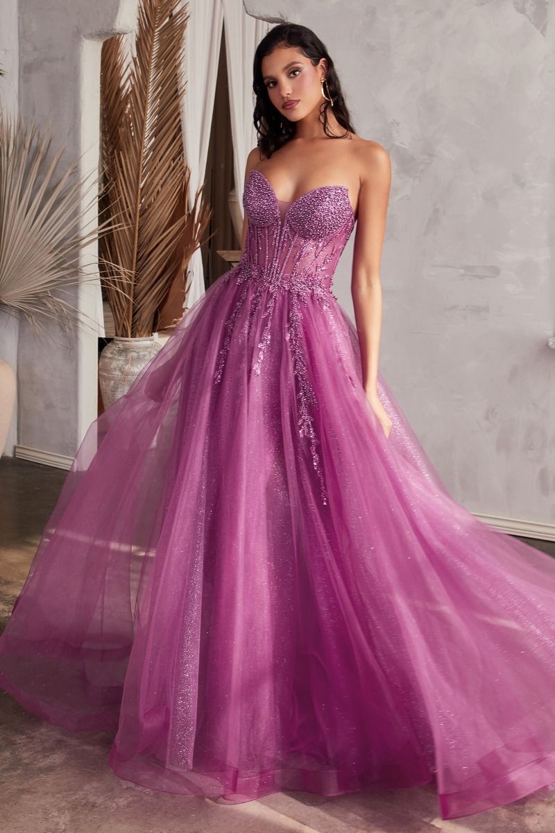 Ladivine CD0230 Strapless A-Line Dress - A glamorous strapless dress with a beaded bodice, plunging neckline, and a layered glitter tulle skirt with a leg slit, perfect for prom and formal evening events.