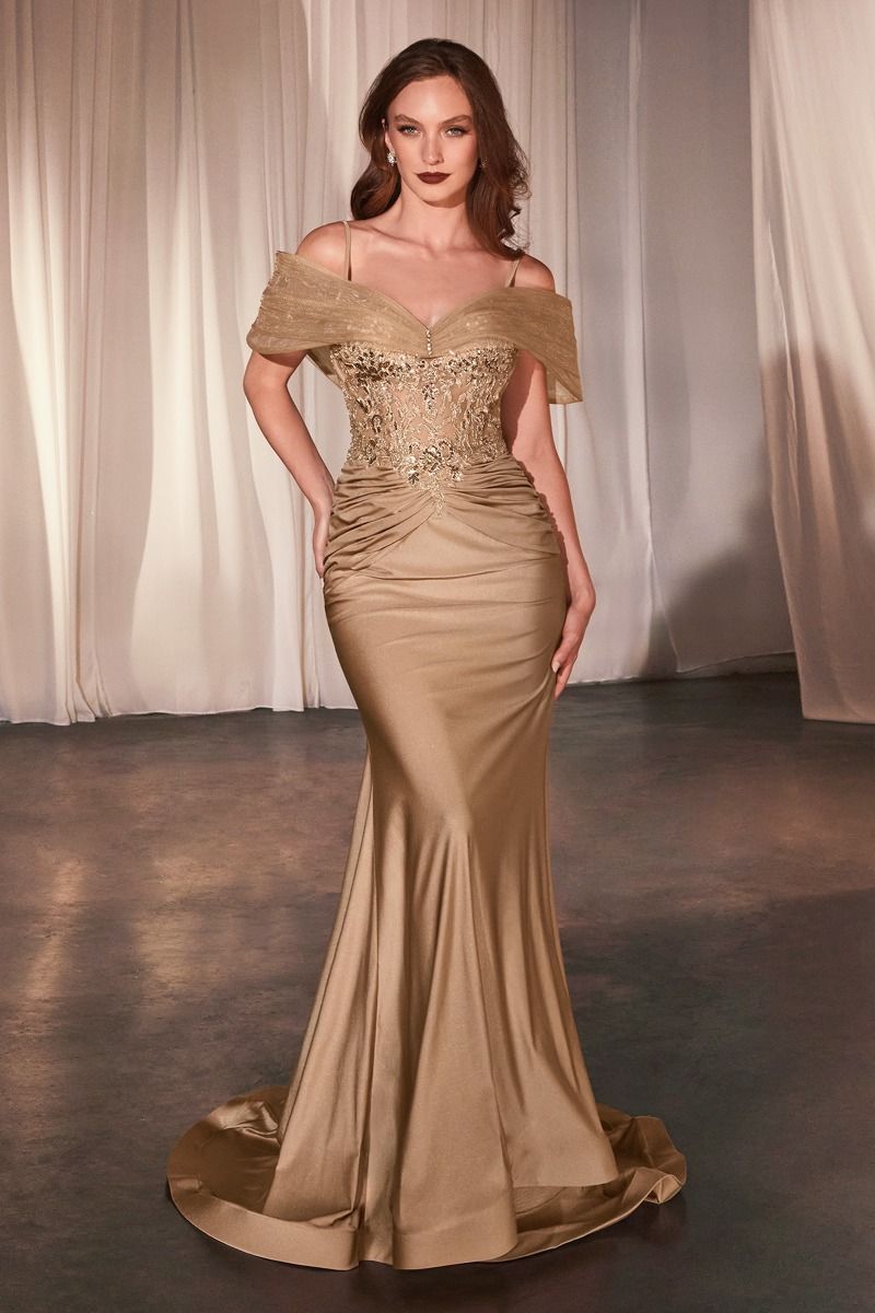 Ladivine CD798 Fitted Satin & Lace Gown - Elegant formal evening gown with off-the-shoulder accessory, satin, and lace detailing.