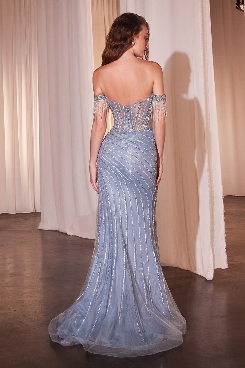 LaDivine - CD848 - Off the Shoulder Dress with Rhinestone and Crystal Fringe