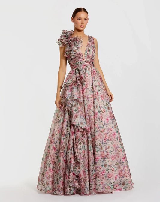 Model wearing Mac Duggal 68947 floral chiffon ballgown with plunging V-neckline, ruffle shoulder detail, and voluminous A-line skirt.  Model is wearing the dress in pinkMulti.  Front view.