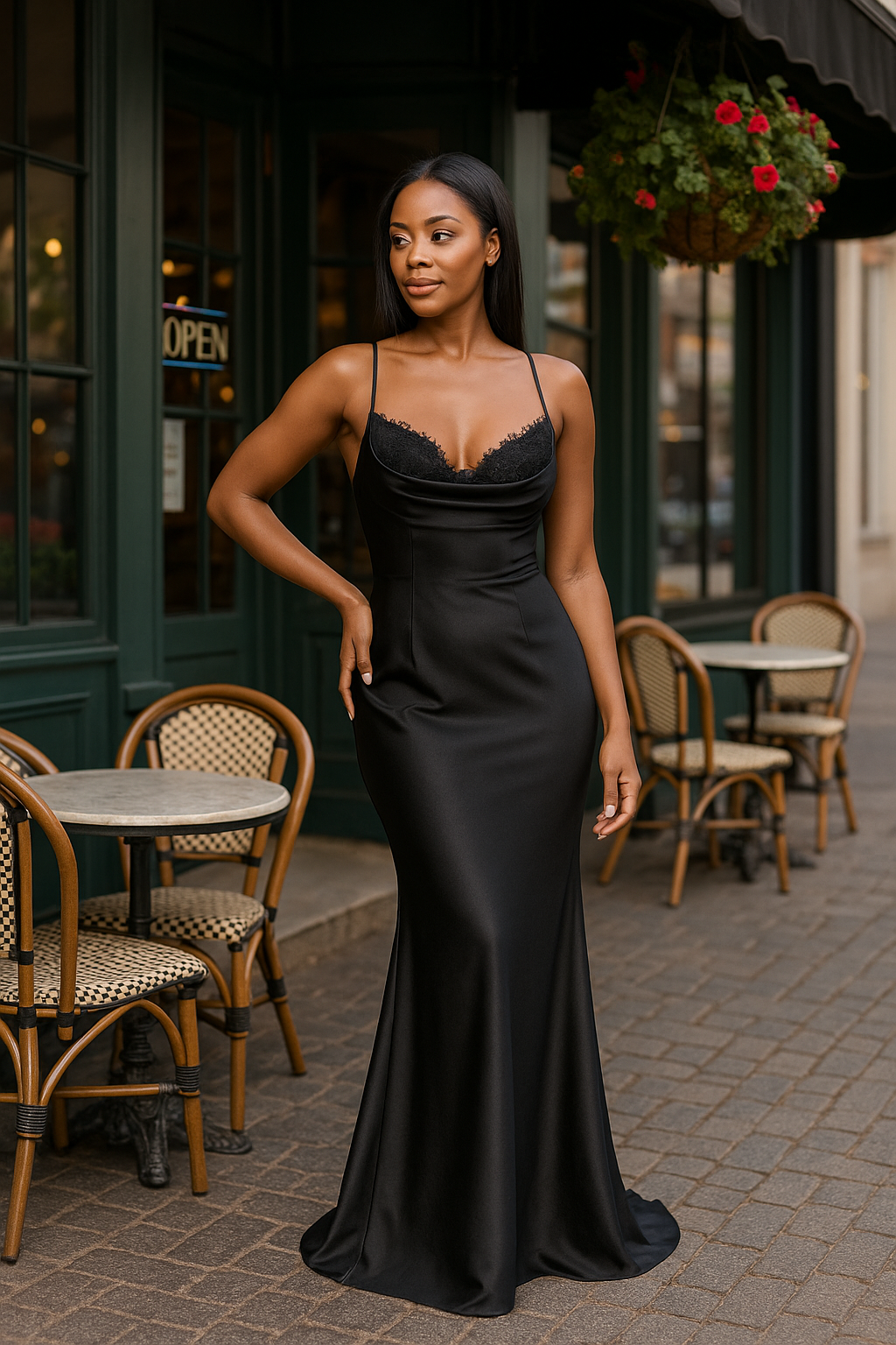Model wearing Madeline's Boutique Mikki gown featuring lace bodice, cowl neckline, and crisscross lace-up back.