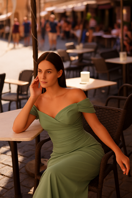 Model wearing the Madeline's Kai off-shoulder basil gown with ruched bodice and fitted floor-length skirt in a cafe street setting.