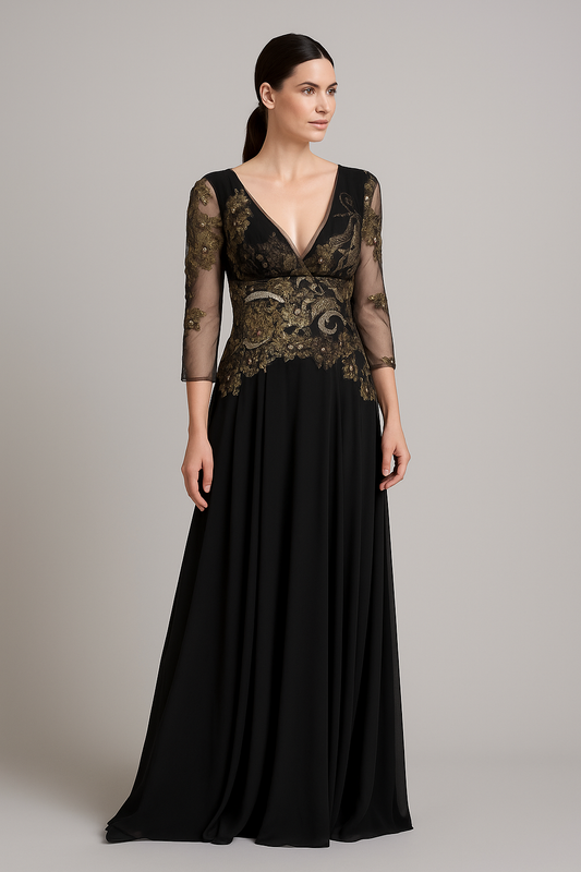 Model wearing Mandalay C801429DEBL long sleeve embroidered evening gown with plunging neckline and flowing skirt.  Front View Of the dress.