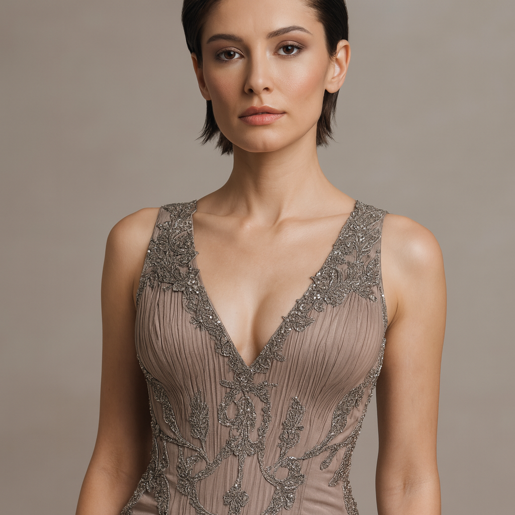Model wearing Mandalay C801790DEB fitted cocktail dress with V-neckline, embellished details, and scalloped hem.  Close up.