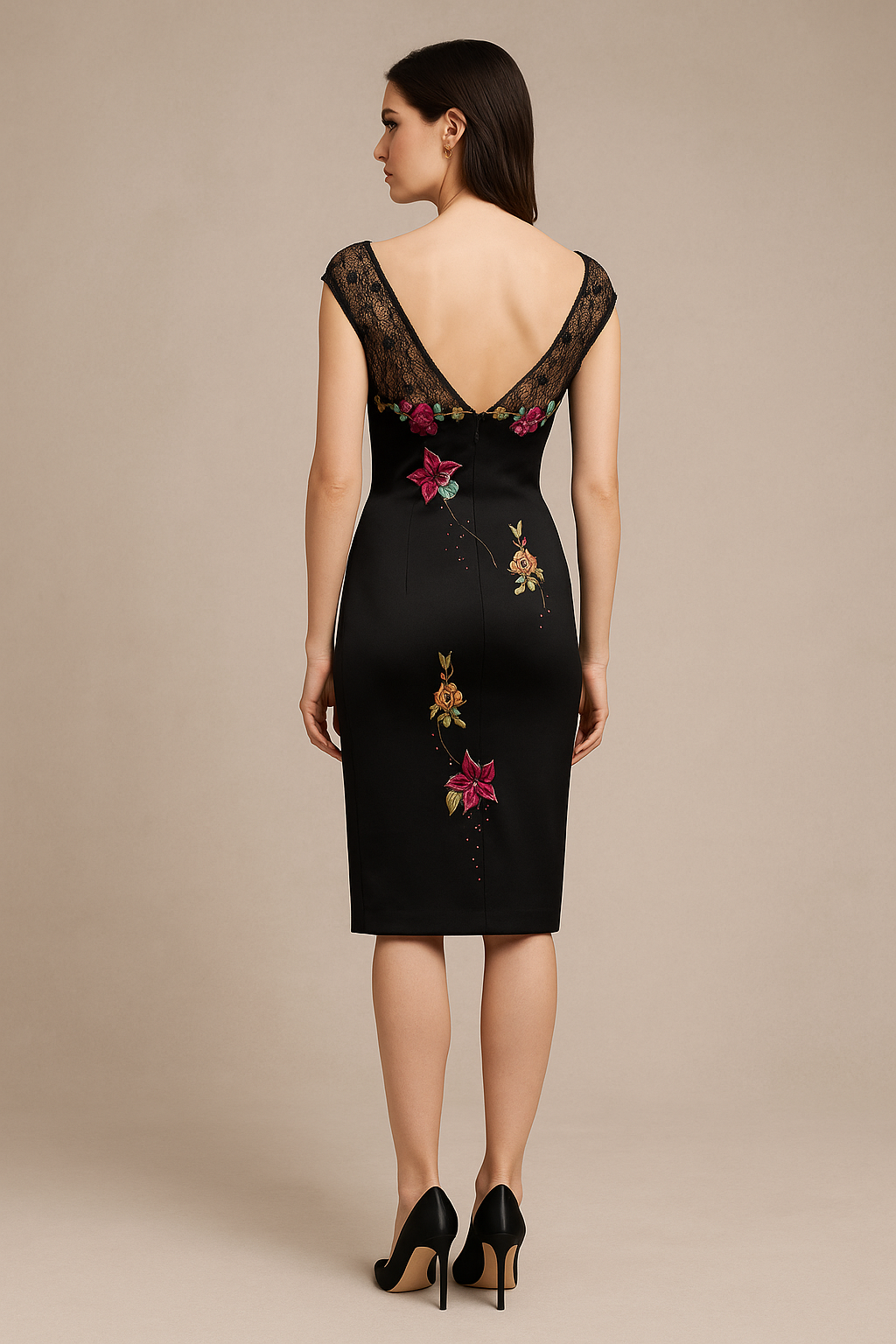 Model wearing Mandalay C80714DEB cocktail dress with embroidered floral detailing, illusion neckline, and V-back design.  Back View.