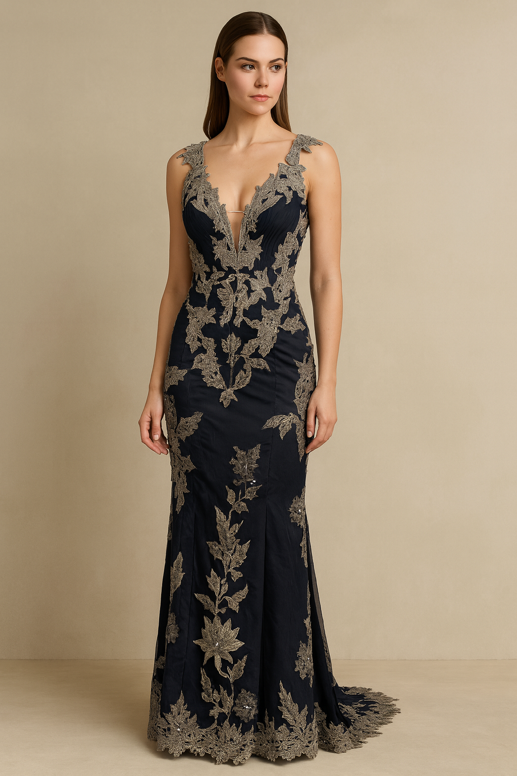 Model wearing Mandalay C831790DEBL sleeveless gown with plunge neckline, embroidered detailing, and open back.  Model is wearing navy.