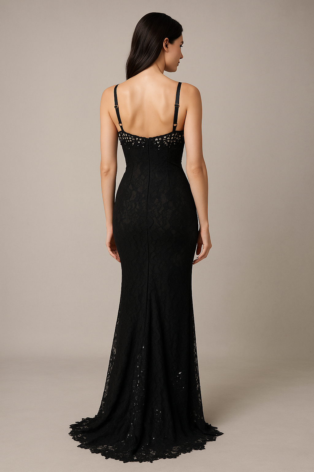 Model wearing Mandalay U01313DEBL gown featuring beaded neckline, lace overlay, adjustable straps, and flared hem with train.