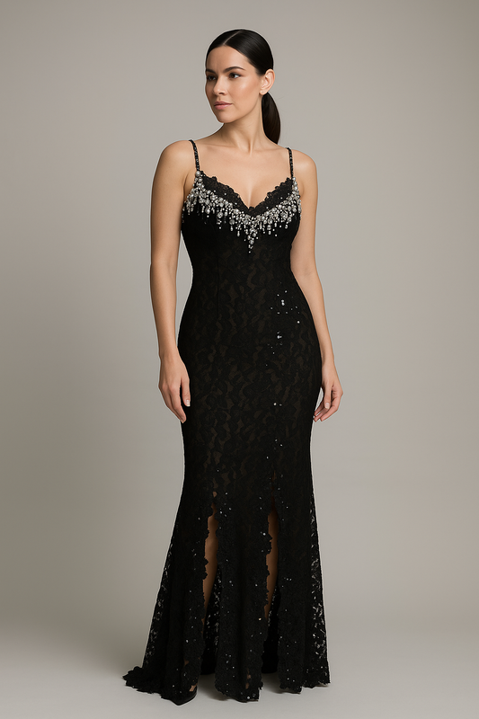 Model wearing Mandalay U01313DEBL gown featuring beaded neckline, lace overlay, adjustable straps, and flared hem with train.
