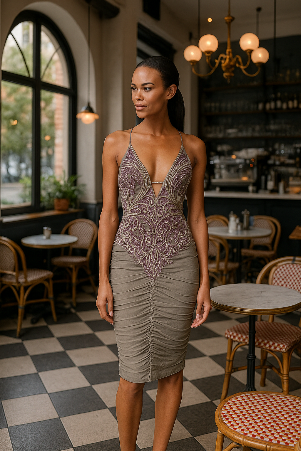 Model wearing Mandalay U01815DEB embellished cocktail dress with plunging neckline, ruched skirt, and open crisscross back.