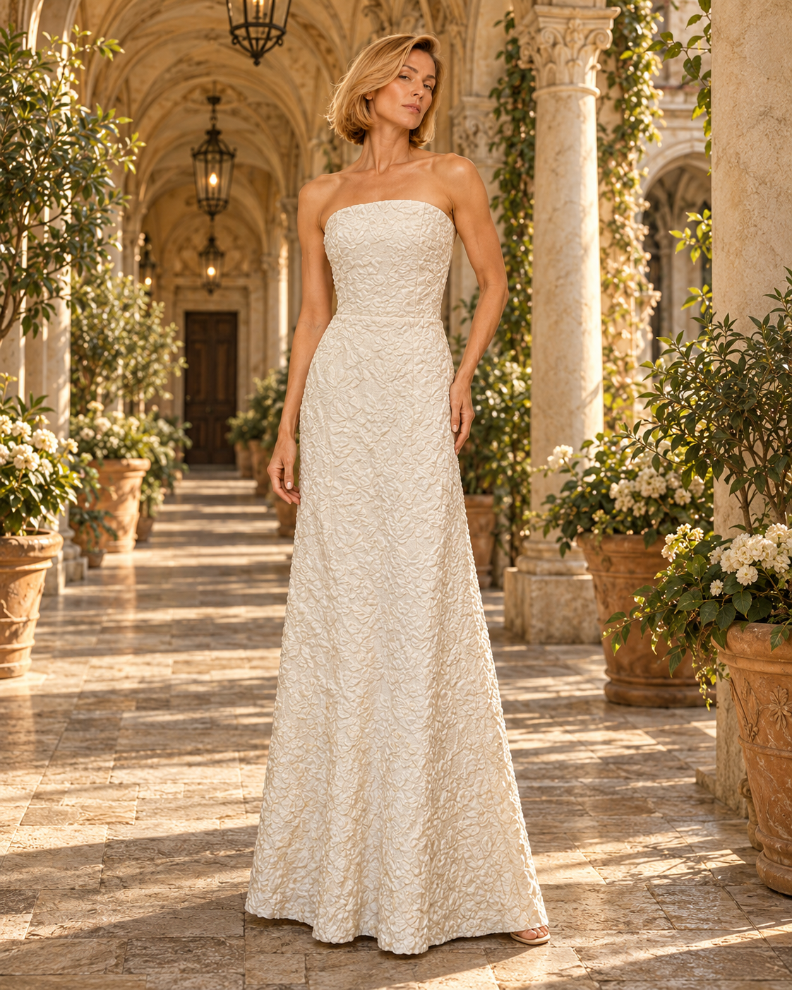 A woman stands in a sunlit stone corridor lined with columns and potted plants, wearing a strapless fitted floor-length gown with a textured, lace-like surface. The dress appears warm ivory or cream rather than stark white.