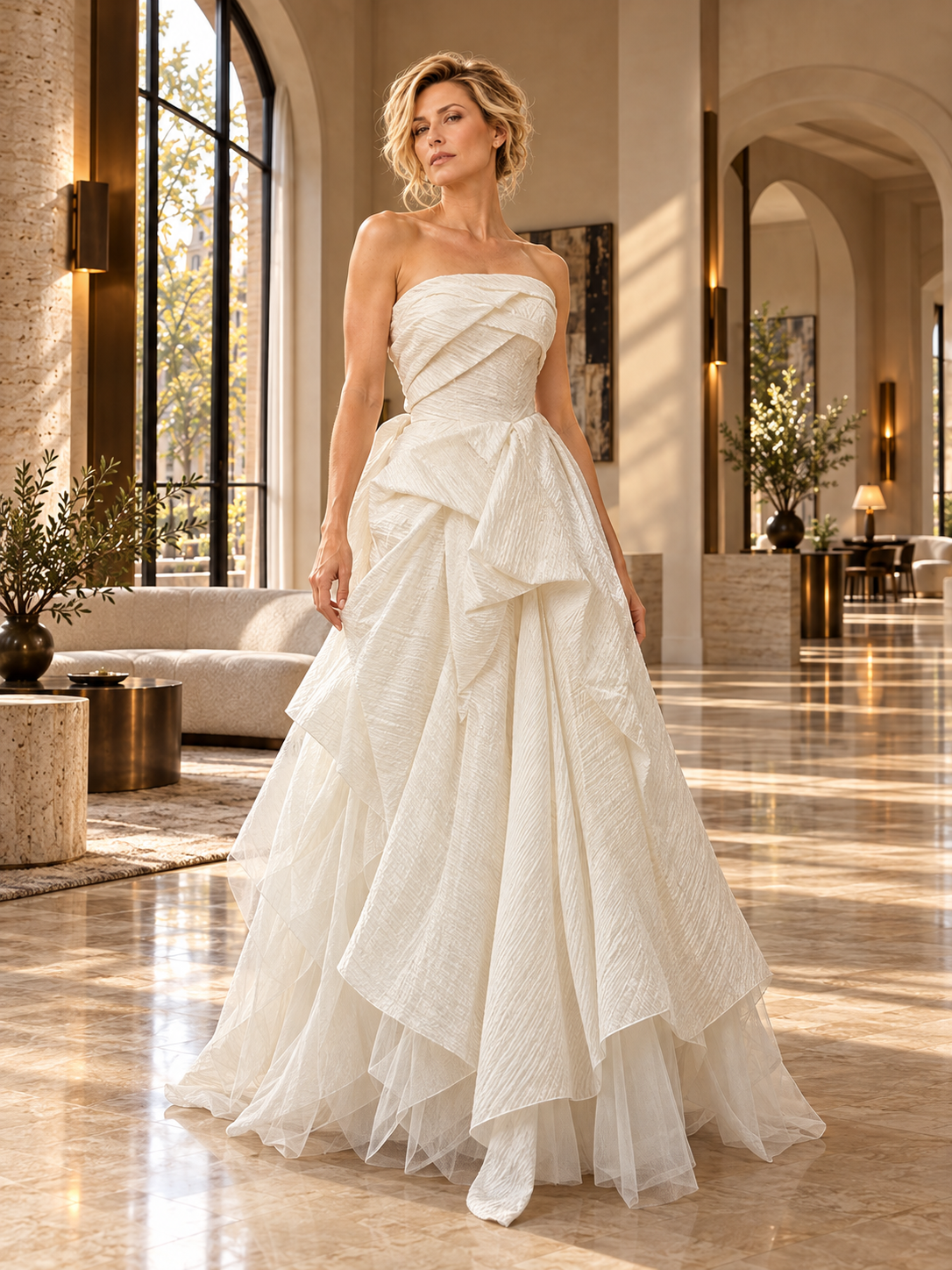 A woman models a strapless white wedding gown with a structured crinkled bodice and a layered, cascading tulle skirt in a bright, elegant interior hallway.