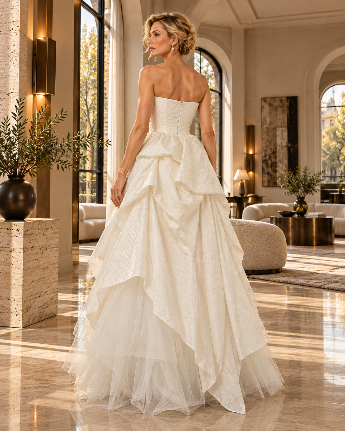 A woman wearing a strapless ivory wedding gown with a structured bodice and layered ruffled tulle skirt, photographed in a bright, elegant interior with large windows and marble floors.