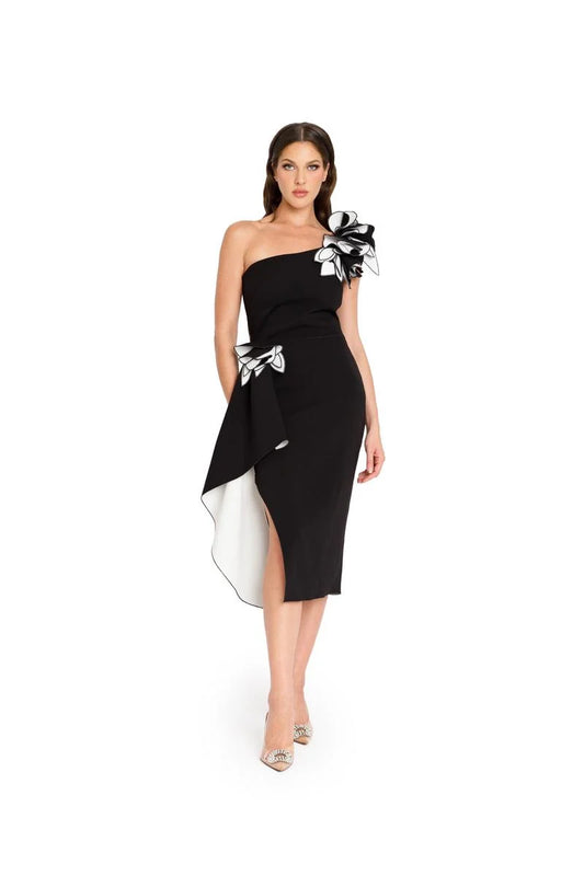 Nicole Bakti 7263 One Shoulder Floral Applique Cocktail Dress - A stunning cocktail dress featuring a one-shoulder design, two-tone 3D floral appliques, midi length, and asymmetrical side slit with ruffle draping for elegance and intrigue.