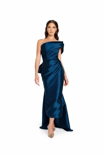 Nicole Bakti 7339 One-Shoulder Asymmetrical evening Dress - An elegant dress featuring an asymmetrical draped design, one-shoulder neckline, bow back detail, and floor-sweeping tail/train for sophistication and style.