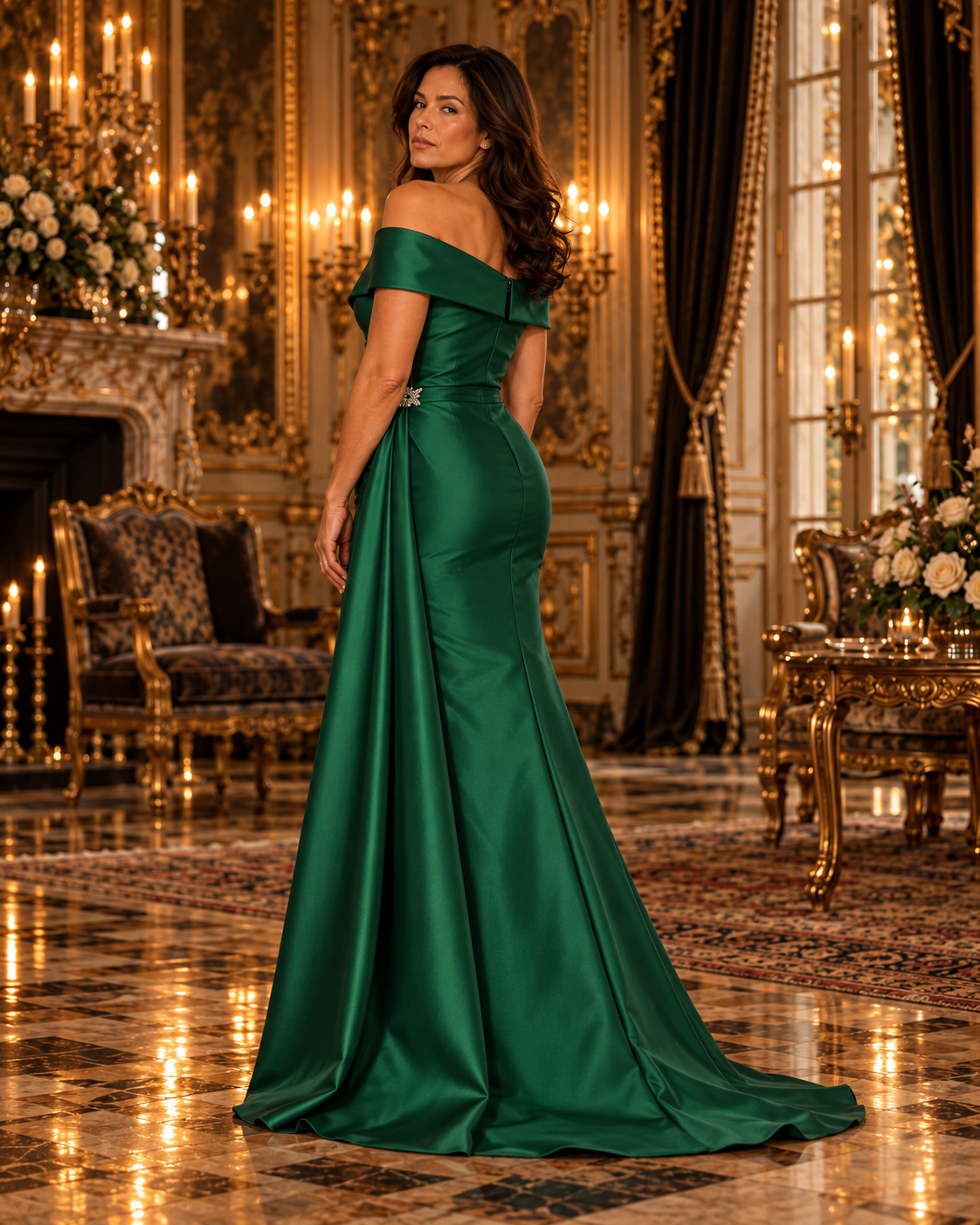 A woman stands in a grand, ornate room wearing a floor-length emerald green satin gown with an off-the-shoulder neckline, fitted silhouette, and slight train.