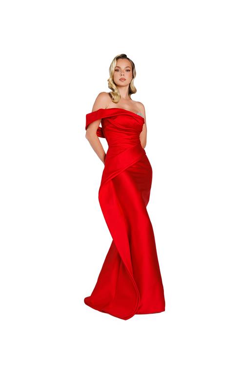 Nicole Bakti - 7419 - Asymmetrical Shoulder Overlay Taffeta Gown