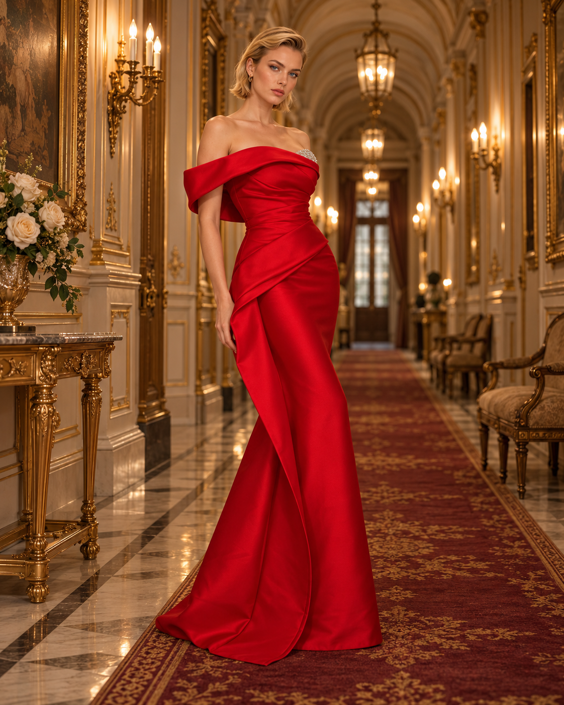 A woman models a vibrant red off-the-shoulder satin gown in a luxurious, ornate gold-trimmed hallway with a red patterned carpet.