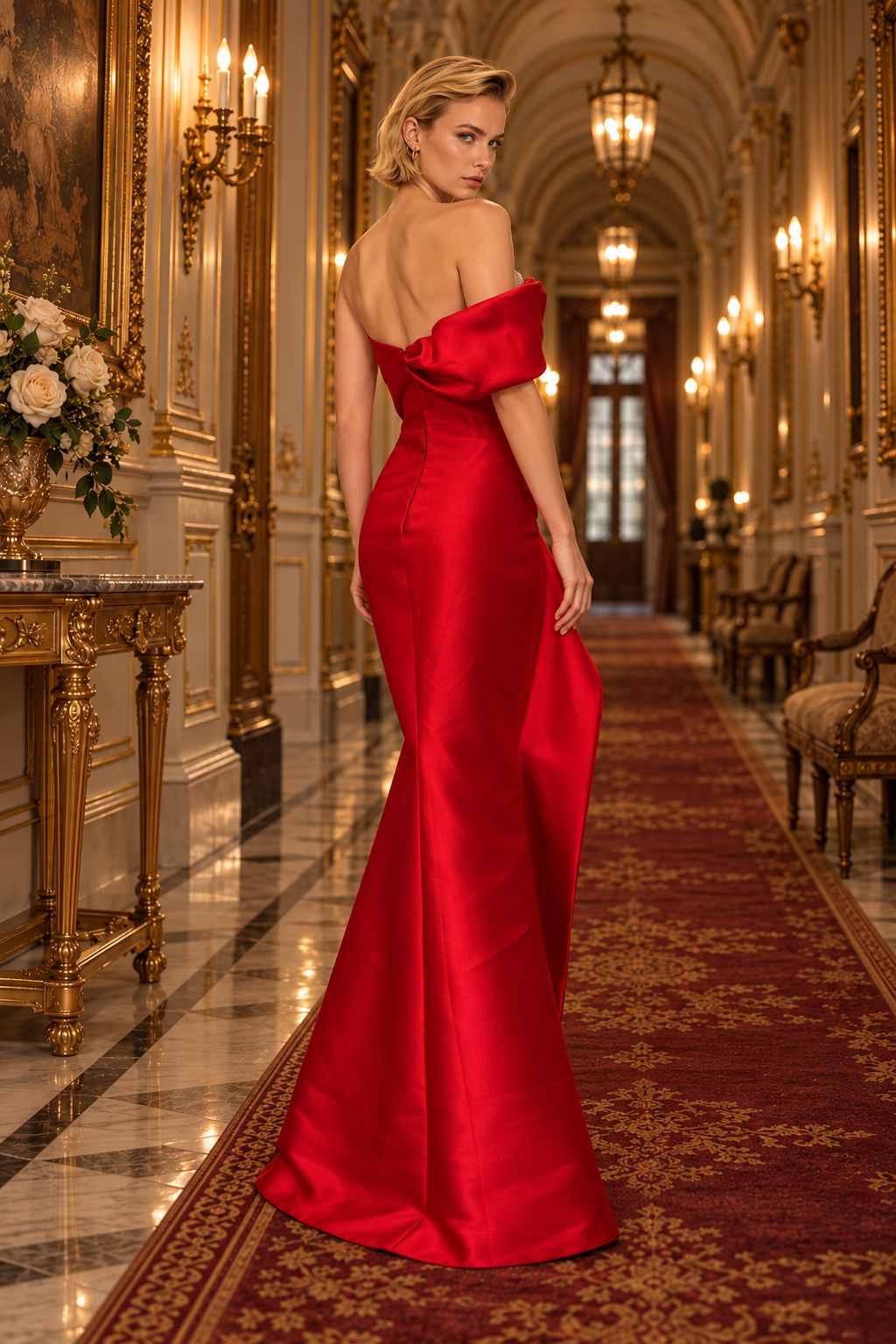 A woman wearing a bright red satin off-the-shoulder evening gown stands in a grand, ornate hallway with gold walls, chandeliers, and a red patterned carpet.