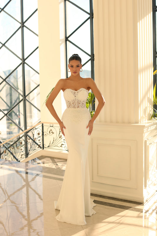 Nicoletta NC1007 Strapless Lace Evening Gown - Strapless gown with boned sheer lace bodice and appliqué detailing.
