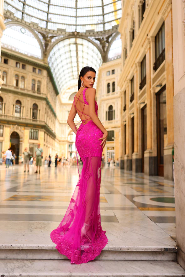 Nicoletta NC1031 Sequin and Lace Embroidered Evening Gown - A stunning evening gown featuring a fitted silhouette, sheer train and bodice with intricate sequin and lace embroidery, and an open lace-up back.