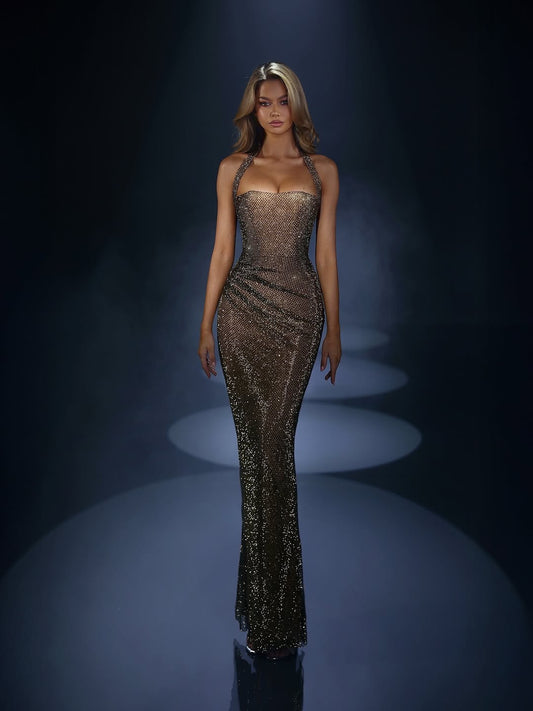 Nicoletta - NC4063 - Halter-Neck Fitted Evening Gown with Back Slit