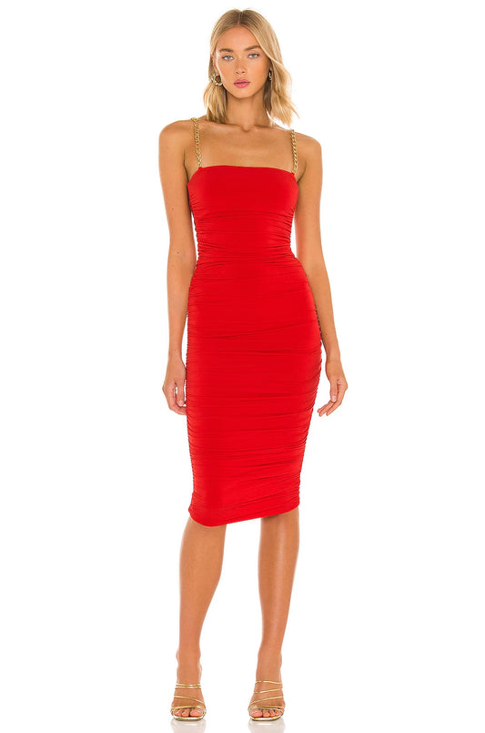 NOOKIE ALLEGRA MIDI Ruched Fitted Dress with Gold Chain Straps - A glamorous fitted midi dress with a ruched body, luxe gold chain straps, and a straight across neckline, perfect for New Year's Eve parties and cocktail events.
