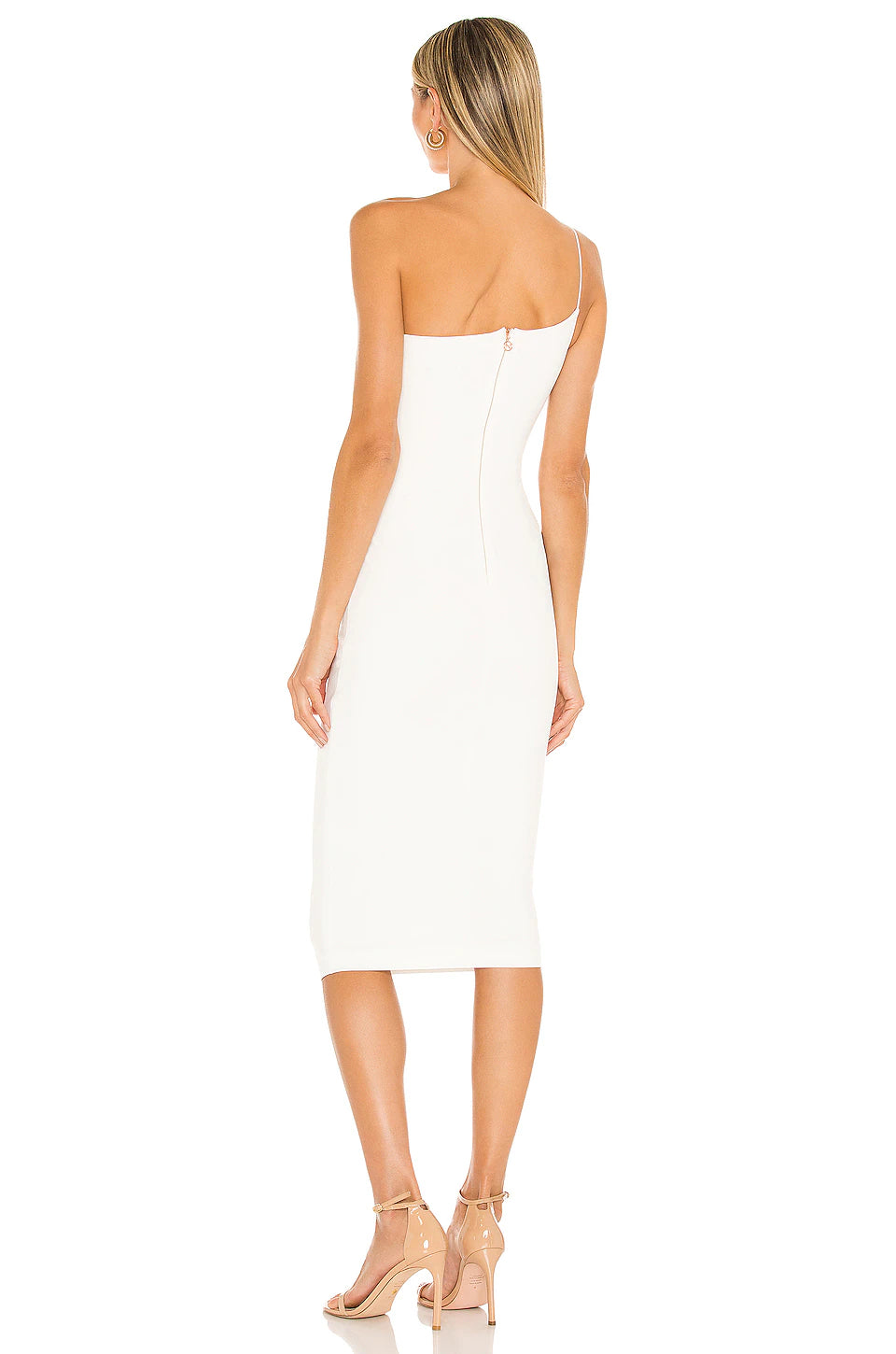 Nookie Lust One Shoulder Midi - A figure-hugging midi dress with knot detail at the side waist, featuring Nookie's signature stretch scuba crepe for luxurious comfort and modern elegance.
