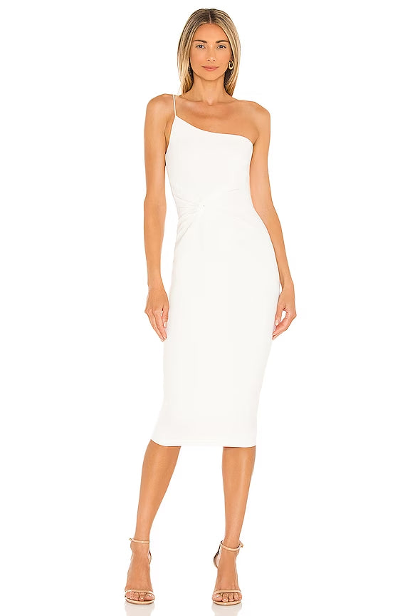 Nookie Lust One Shoulder Midi - A figure-hugging midi dress with knot detail at the side waist, featuring Nookie's signature stretch scuba crepe for luxurious comfort and modern elegance.