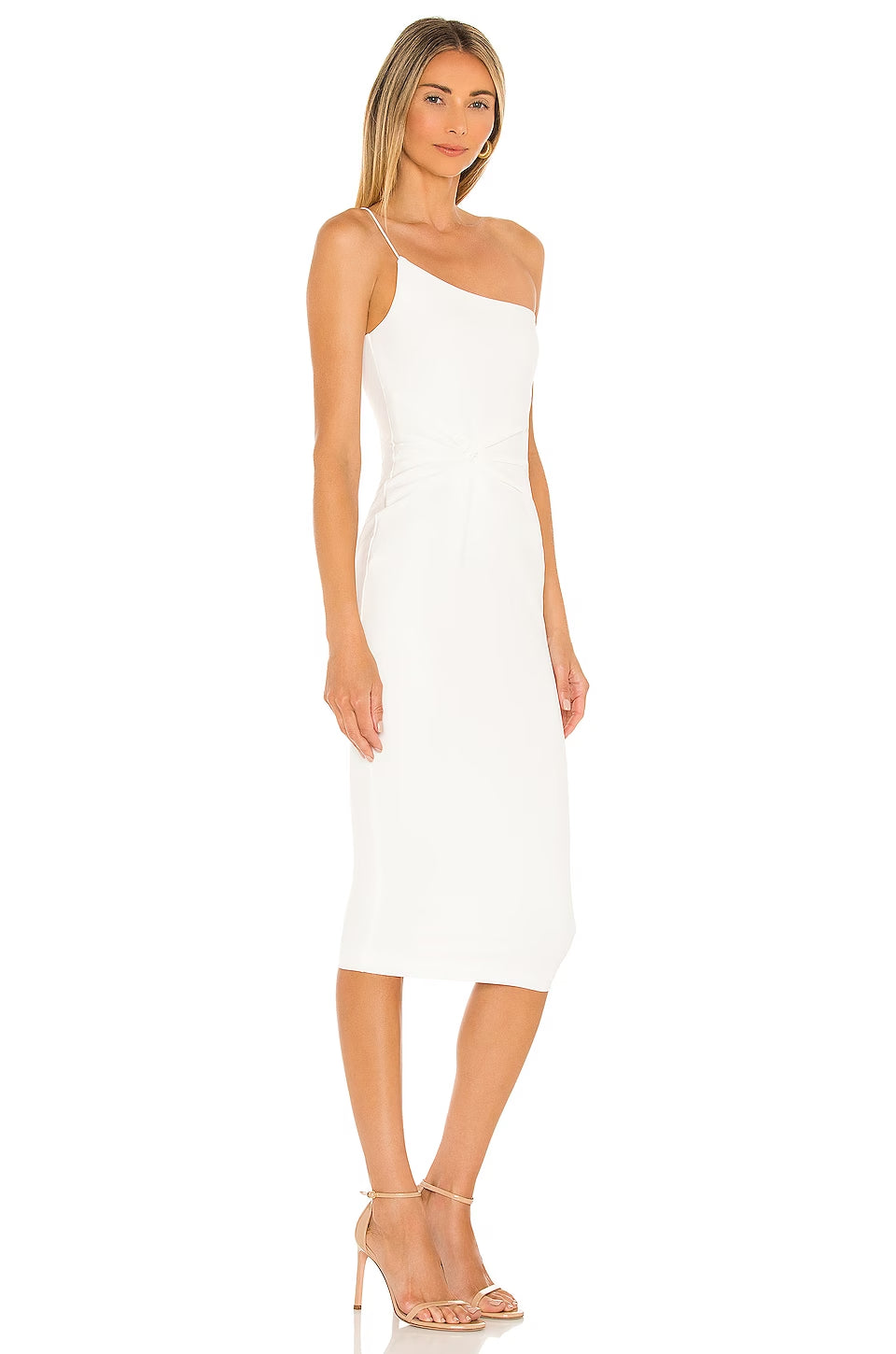 Nookie Lust One Shoulder Midi - A figure-hugging midi dress with knot detail at the side waist, featuring Nookie's signature stretch scuba crepe for luxurious comfort and modern elegance.