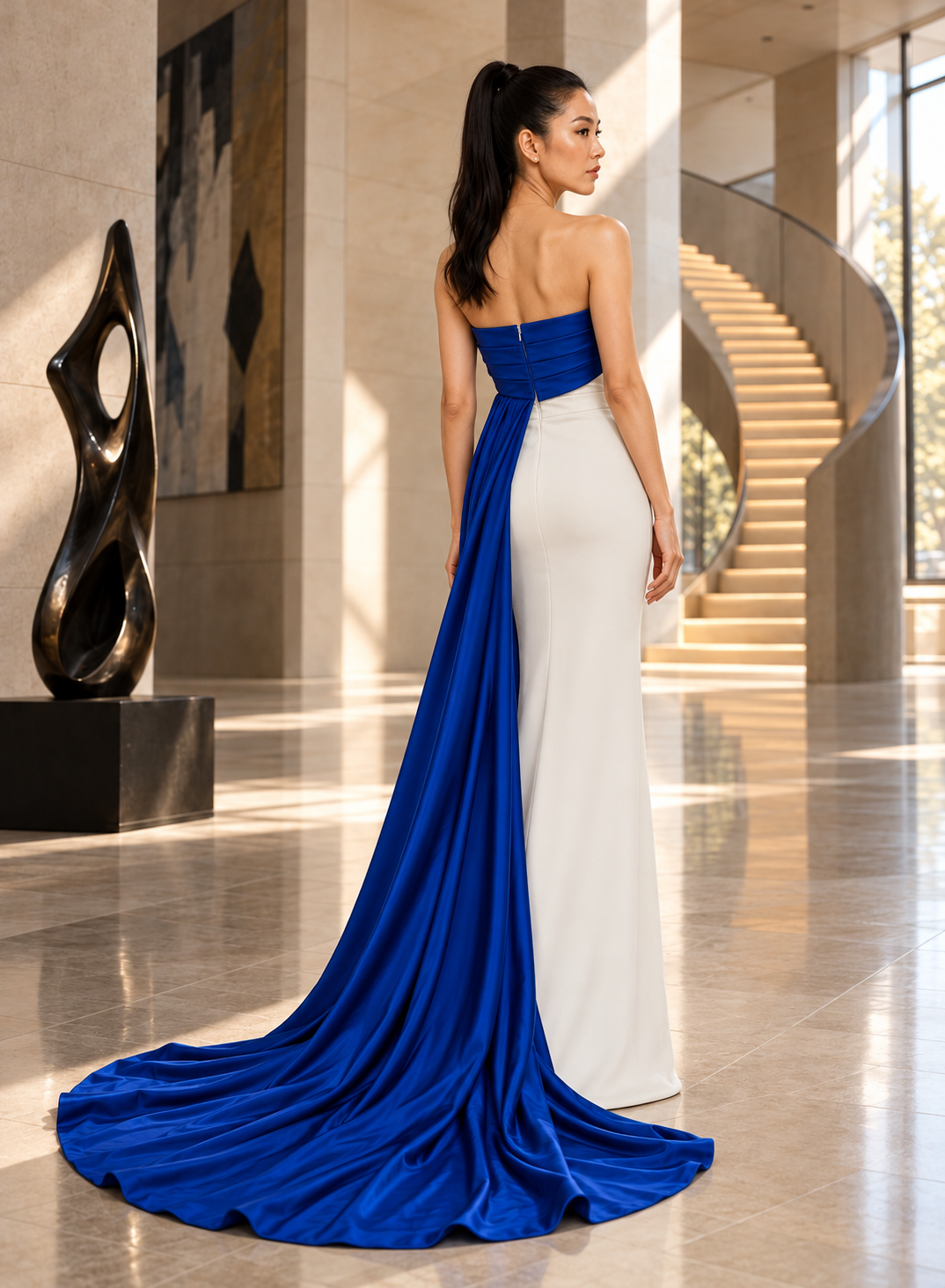 A woman stands in a grand interior hallway wearing a floor-length formal gown with a long train. The dress has a bright royal blue back panel and flowing train, with a white front panel.